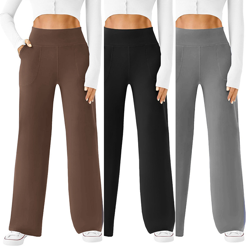 Cross-border European and American 2025 Amazon TK Naked High Waist Wide Leg Pants Pocket Fitness Yoga Casual Pants Women
