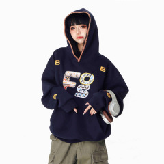 国潮设计感字母印花加绒连帽卫衣女2025年春秋重磅宽松情侣帽衫