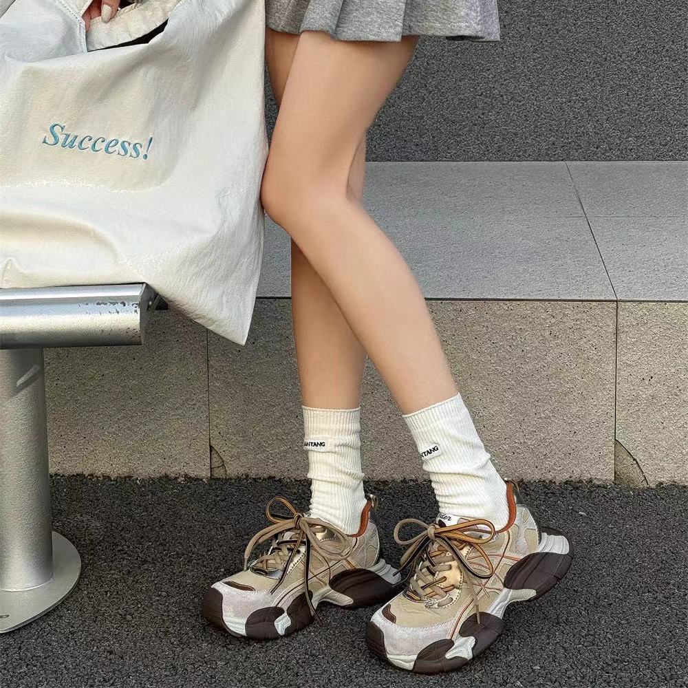 Retro Color Blocked Chunky Sneakers for Women Stylish Casual Versatile Thick Soles Shoes for Everyday Wear_vogvips.com