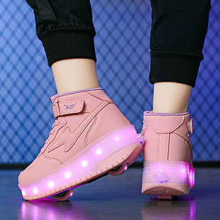 Cross-border Explosions Two-wheel Heelo Shoes Autumn Leather LED Rechargeable Marquee Wheel Shoes