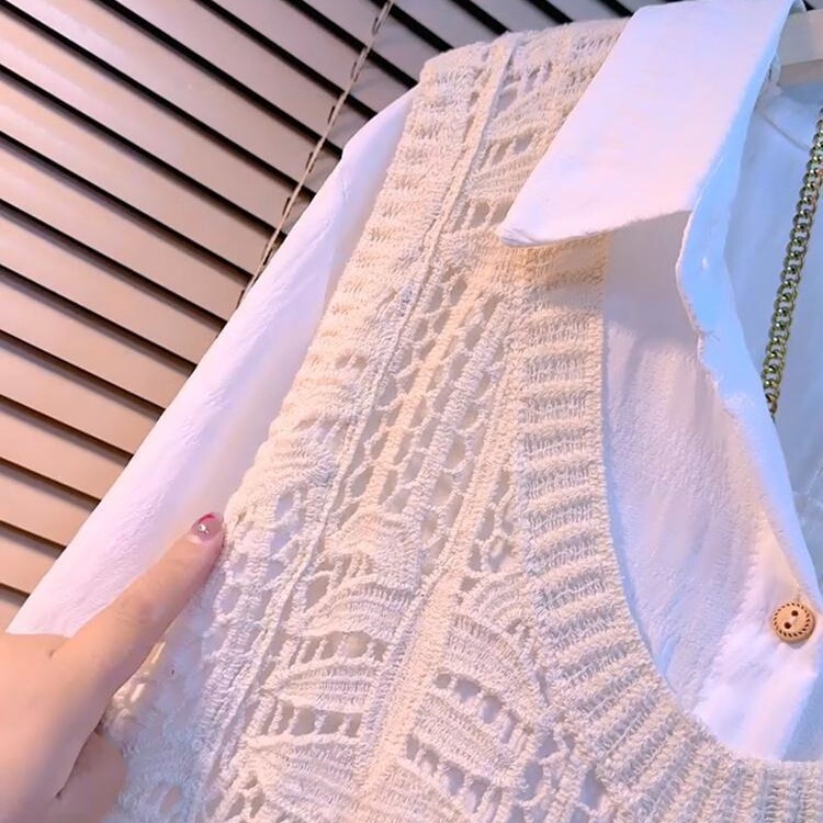New Plus-Size Women's Clothing for Curvy Women: Stylish Knitted Crochet Vest Paired with a Simple Shirt Set New Plus-Size Women's Clothing for Curvy Women: Stylish Knitted Crochet Vest Paired with a Simple Shirt Set