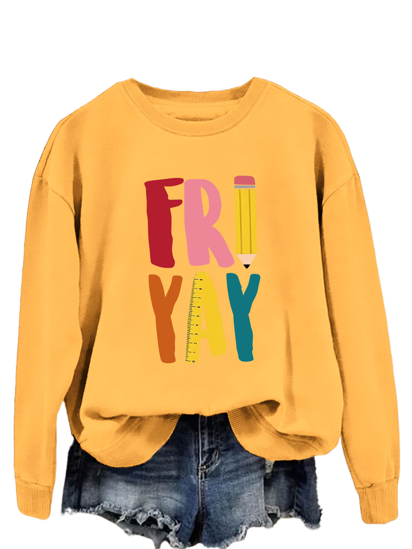 Estación independiente de moda Suelta todo fósforo superior FRI YAY lápiz divertido carta de impresión camisa de manga larga de las mujeres suéter