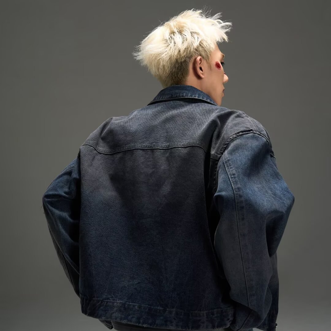 미국 스타일 레트로 더러운 염료 세척 짧은 오토바이 데님 재킷 트렌디 하이 스트리트 솔리드 컬러 블루 재킷