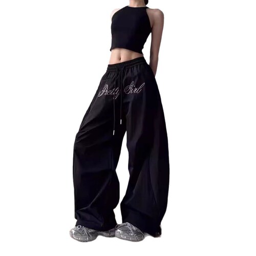 American Letter Embroidered Pleated Parachute Workwear Leisure Pants for Women 2025 Spring New Style Flowy Wide Leg Knife Pants