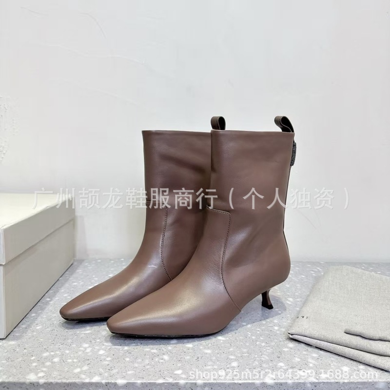 高端2025秋冬真皮尖头细跟高跟套筒瘦瘦靴时装单靴中跟短靴裸靴女|undefined