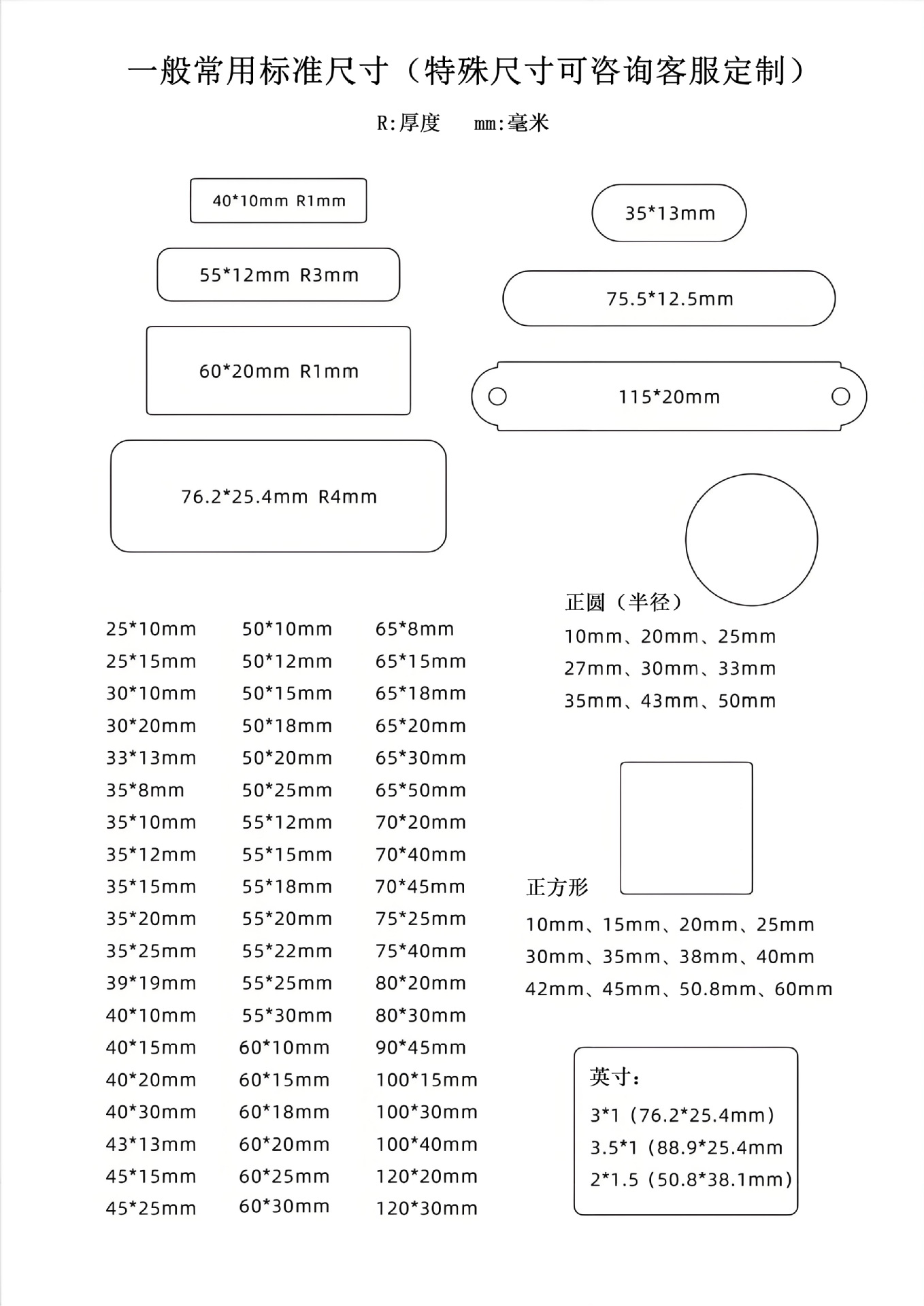 空白铭牌尺寸表