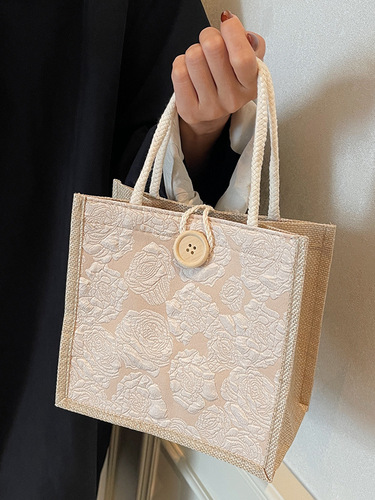 Ins Handbag Linen Bag for Women Outdoor Hand-held Lunch Box Bento Bag Women 2024 Trendy Office Small Handbag