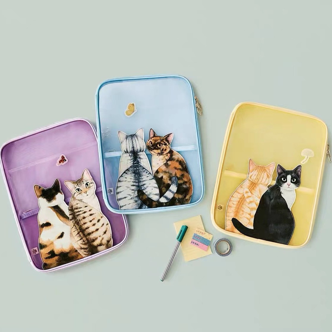 Cute creativity Curious cats look back at A4 transparent mesh file…