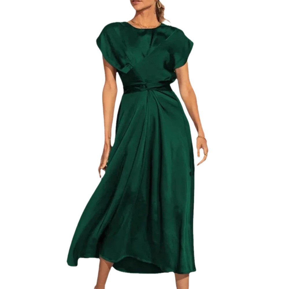 Elegant Satin Sleeveless Women's Dress For Wedding Party Evening Gown With Bow Tie Waist & Flounce Hem_ecoleips.com