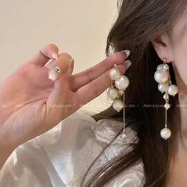 满天星棉花珍珠流苏耳环女小众设计耳饰2024新款爆款长款气质耳坠