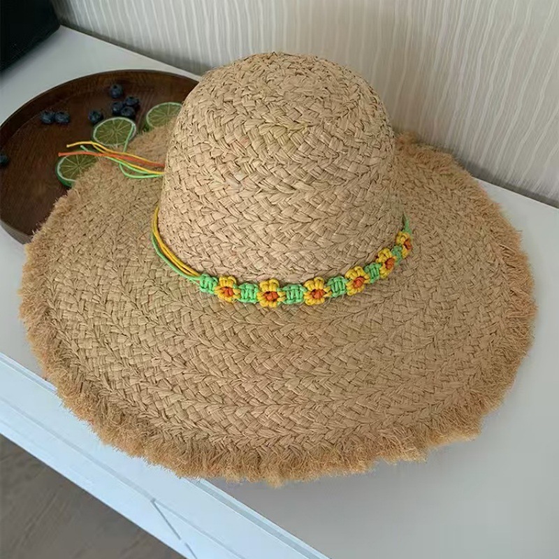 Summer Ins Style Wide Brim Frayed Raffia Straw Hat For Women, Beach Sun Hat For Travel And Vacation - Thumbnail 6
