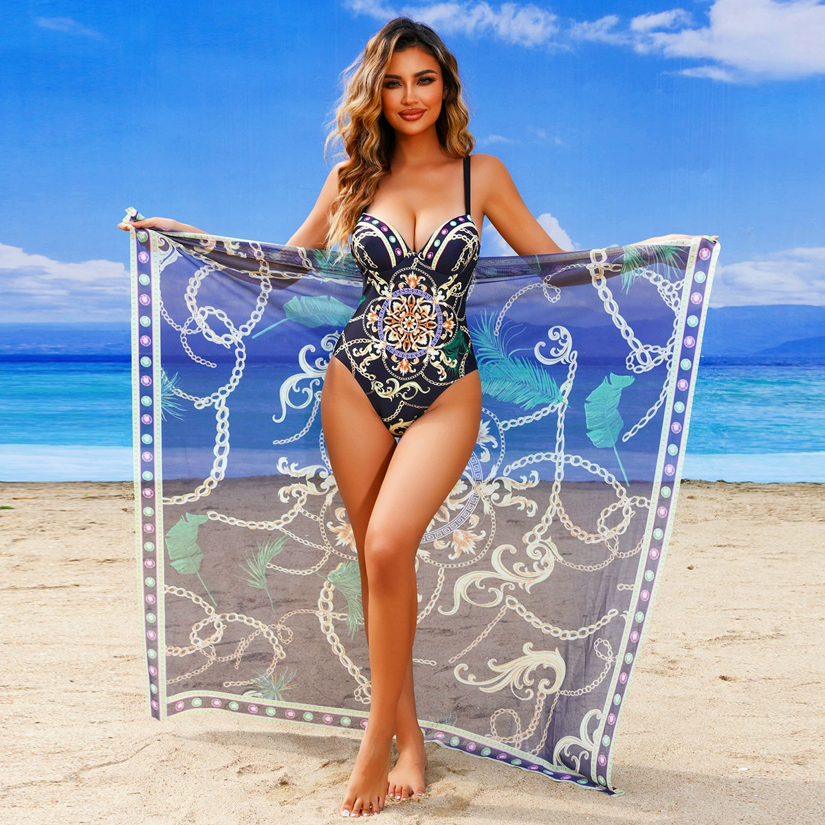 2025 Европейский и американский новый купальник внешней торговли сексуальный цельный купальник женский набор из двух частей сетки с принтом Amazon