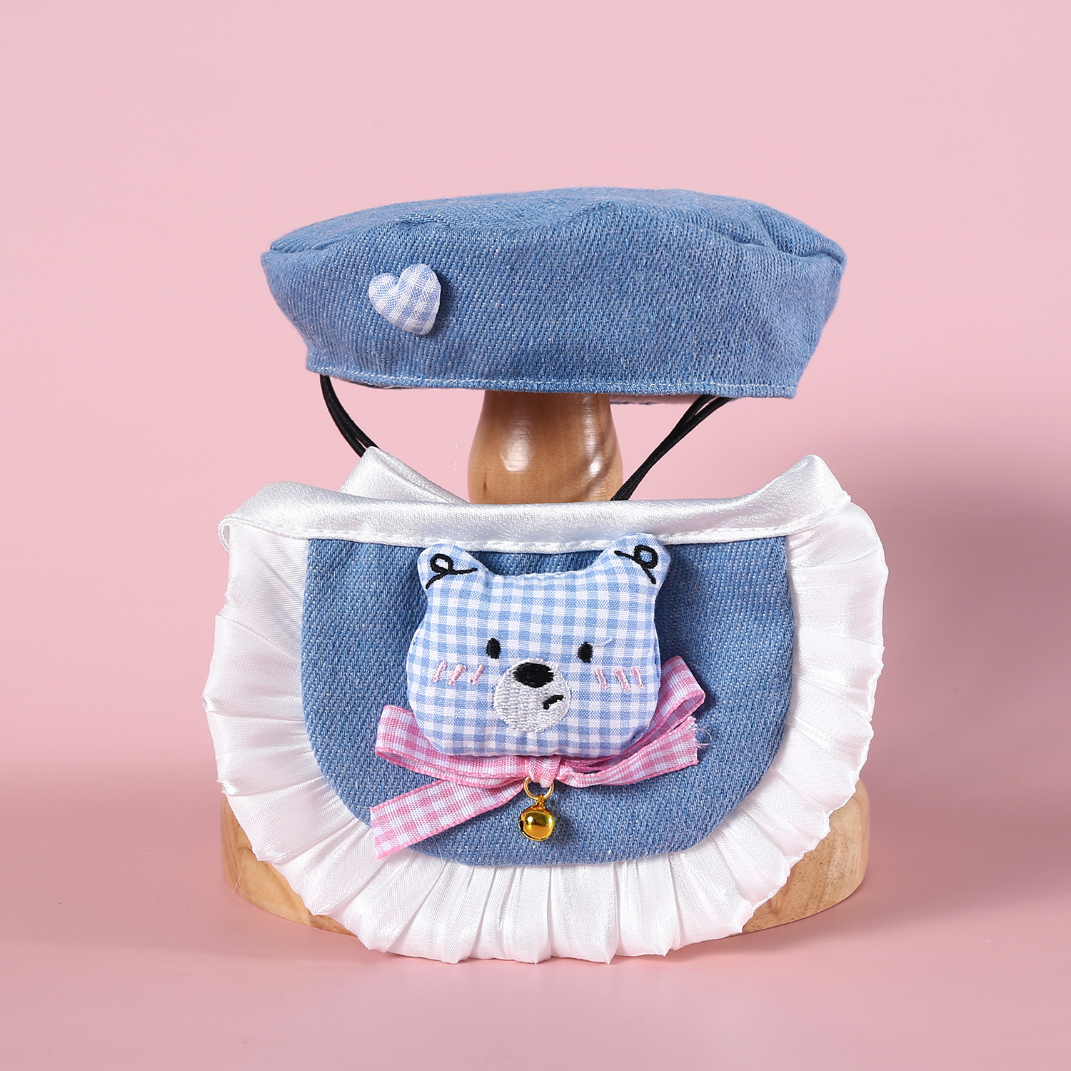 Pet dibujos animados a cuadros babero de mezclilla oso conejo encaje lazo gato cachorro traje de sombrero de encaje