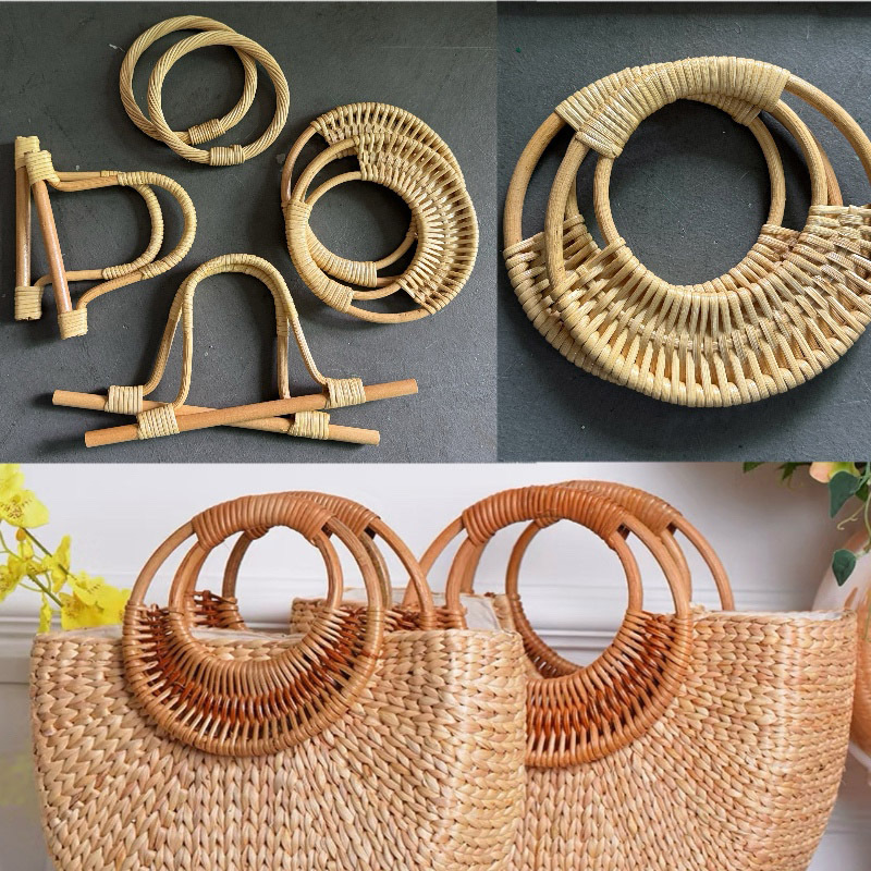 Natural rattan bag handles, various styles of ring/wooden handle designs, handmade woven bag DIY accessories, direct supply from the manufacturer