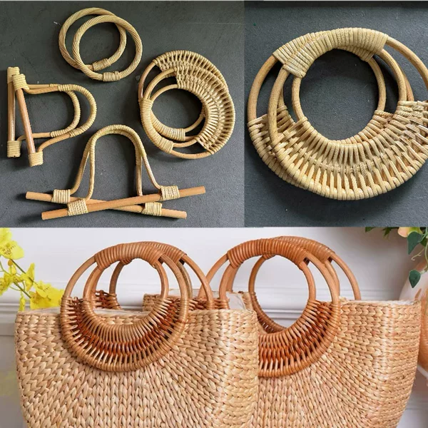 Natural rattan bag handles, various styles of ring/wooden handle designs, handmade woven bag DIY accessories, direct supply from the manufacturer