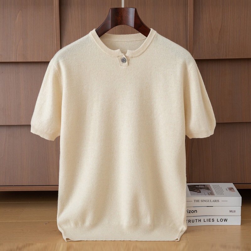 Autumn and Winter New 100% Pure Wool Sweater Men's Round Neck Short-Sleeved Sweater Loose Casual Knitted Base Layer Cashmere Sweater