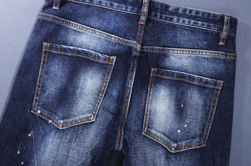 Men's Retro Blue Washed Jeans With Paint Splatter Effect Slim Fit Stretch Skinny Denim Pants Functional Design_viptrois.com