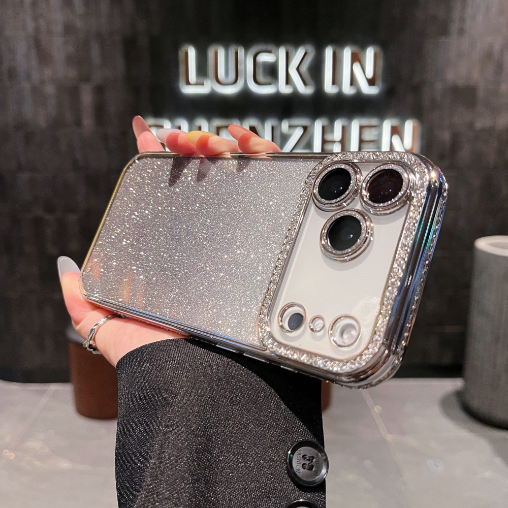 Adatto per iPhone 17 Pro Max con bordi quadrati impreziositi da diamanti, custodia glitterata sfumata per 16 Pro, 14/13, chiaro_voghion.com