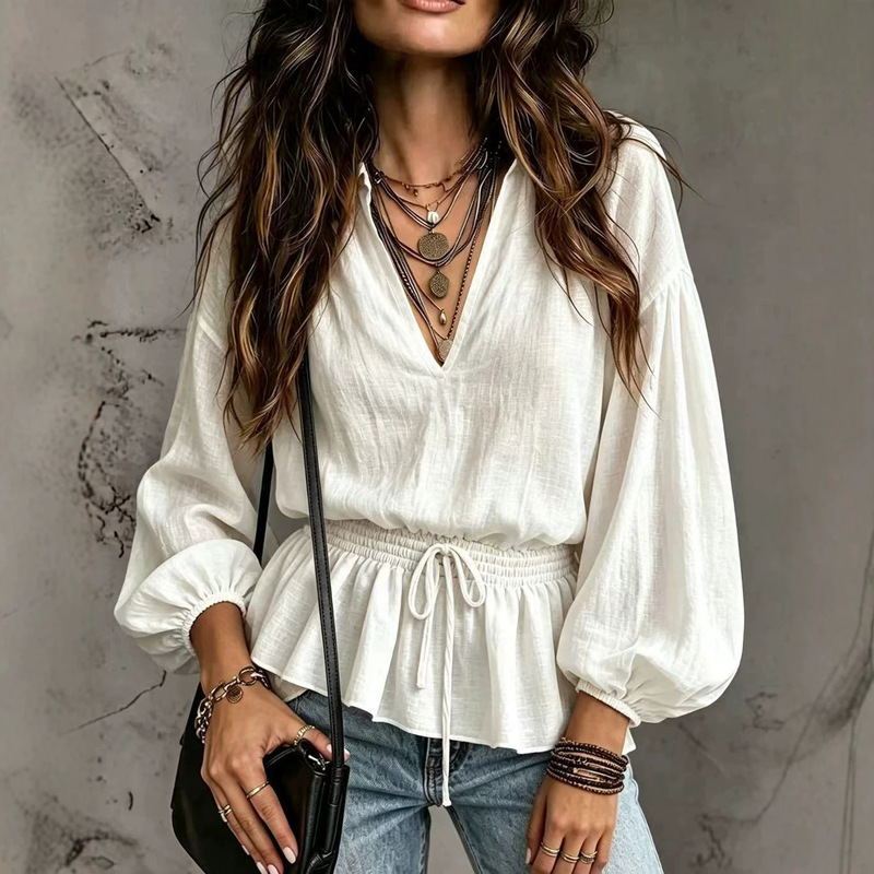 European and American cross-border Amazon 2026 autumn new lace-up waist-cinching fashion casual V-neck top shirt