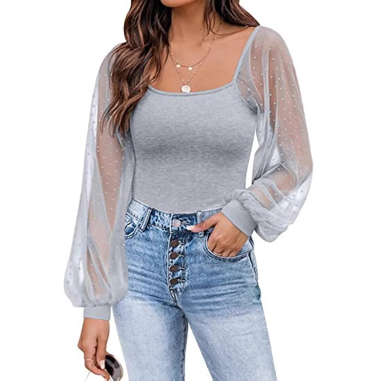 Top de Verano 2025 para Mujer, Estilo Europeo y Americano, Transparente, con Mangas Farol, Diseño de Parches, Ajustado