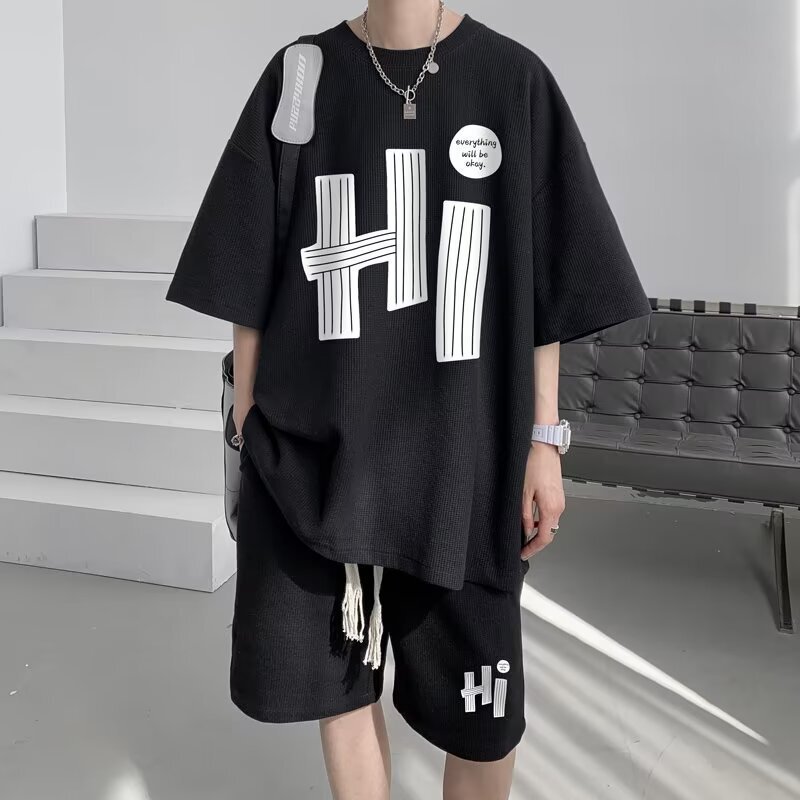 夏のワッフルスポーツスーツメンズオーバーサイズハンサムTシャツショーツツーピースセットトレンディなメンズファッションウェア|undefined