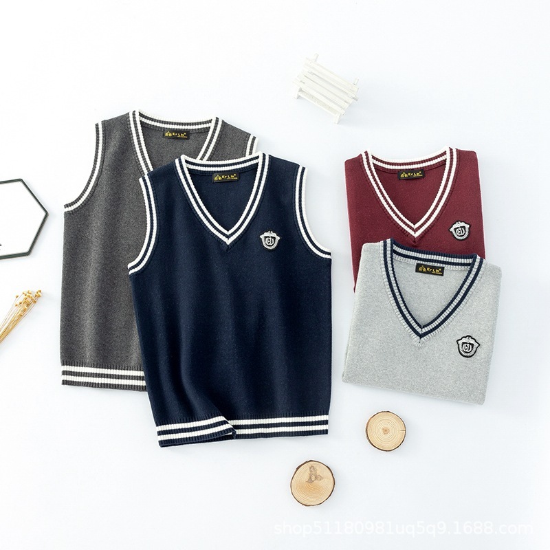 Cross-Border Spring and Autumn Korean Style Boys' Academy-Style Knitted Vest Children's V-Neck Cotton Vest Primary School Students' Sweater Wholesale