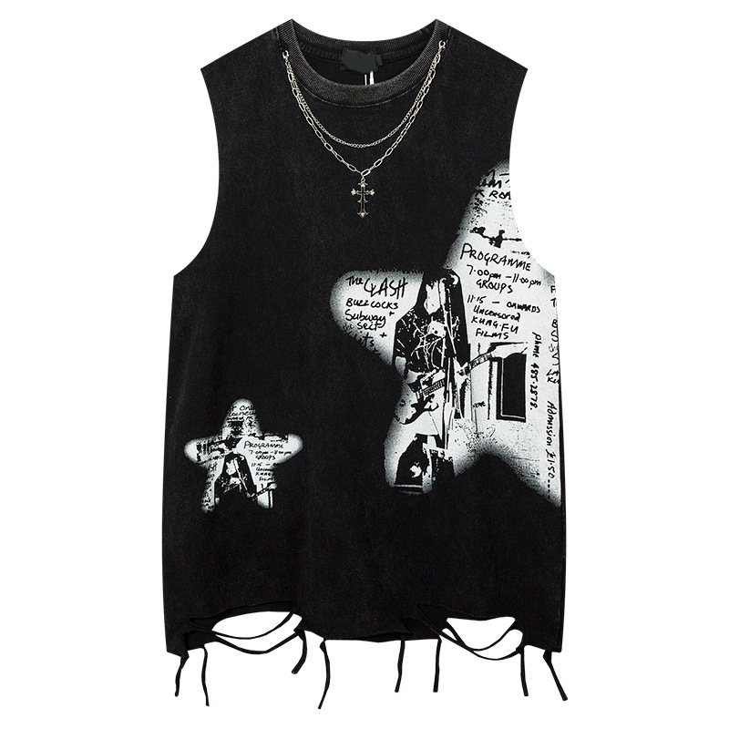 Qilin Apparel Phantom Letter Print Vest, Loose Fit, High Street Style, Distressed Couple Sleeveless T-Shirt, Streetwear