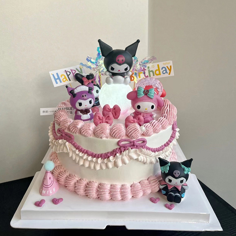 复古黑粉系库洛米蛋糕装饰带灯光摆件儿童宝宝生日派对雨丝插件|undefined