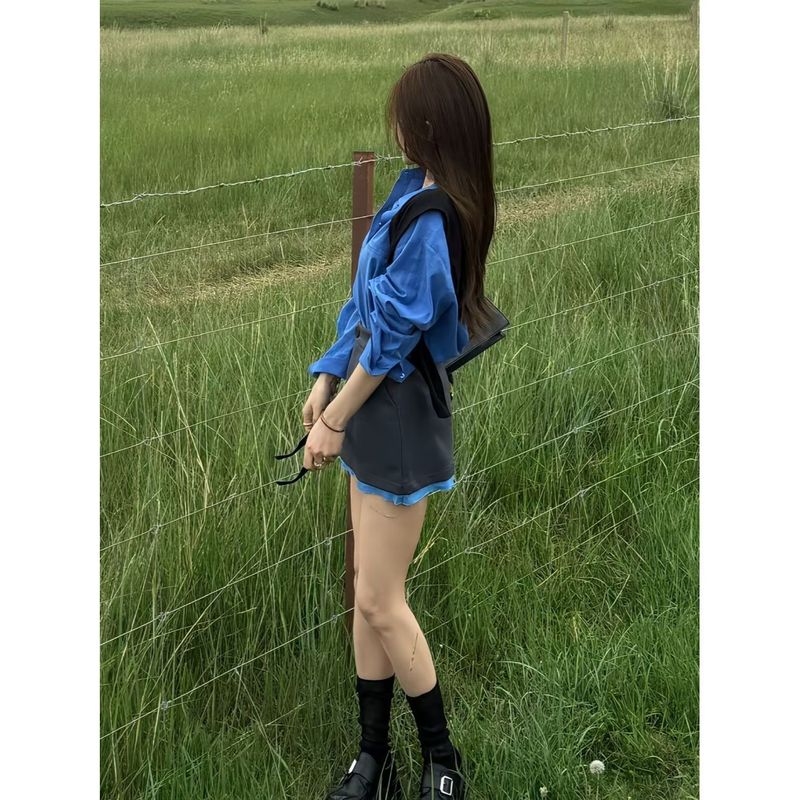早秋穿搭一整套韩系新款克莱因蓝长袖衬衫半身裙独特巨好看套装女|undefined