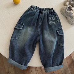 儿童牛仔裤2025蓝小爸秋季男女童纯色口袋牛仔裤宝宝工装直筒裤