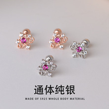 s925银新款耳蜗钉法式复古皇冠镂空锆石微镶拧螺丝耳钉耳骨钉饰品