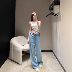 miu スプライスレースジーンズ、夏用通気性ワイドレッグパンツ、ファッショナブルでカジュアル、多用途、快適なストレートパンツ