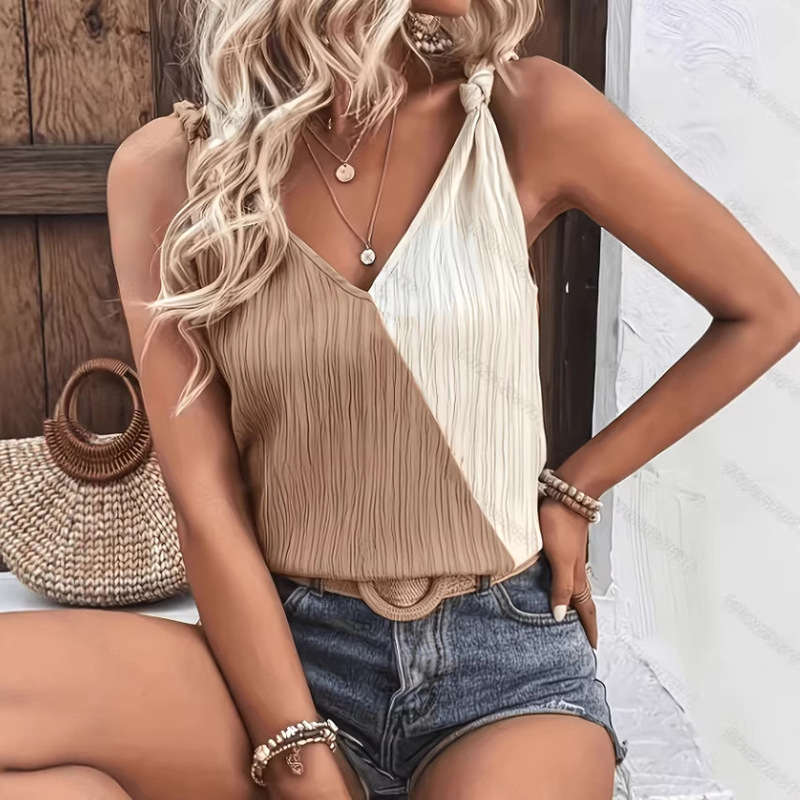 2026 Cross-Border European and American Style V-Neck Solid Color Women's Tank Top New Sleeveless Camisole with Knotted Shoulder Straps Versatile and Simple 2026 Cross-Border European and American Style V-Neck Solid Color Women's Tank Top New Sleeveless Camisole with Knotted Shoulder Straps Versatile and Simple