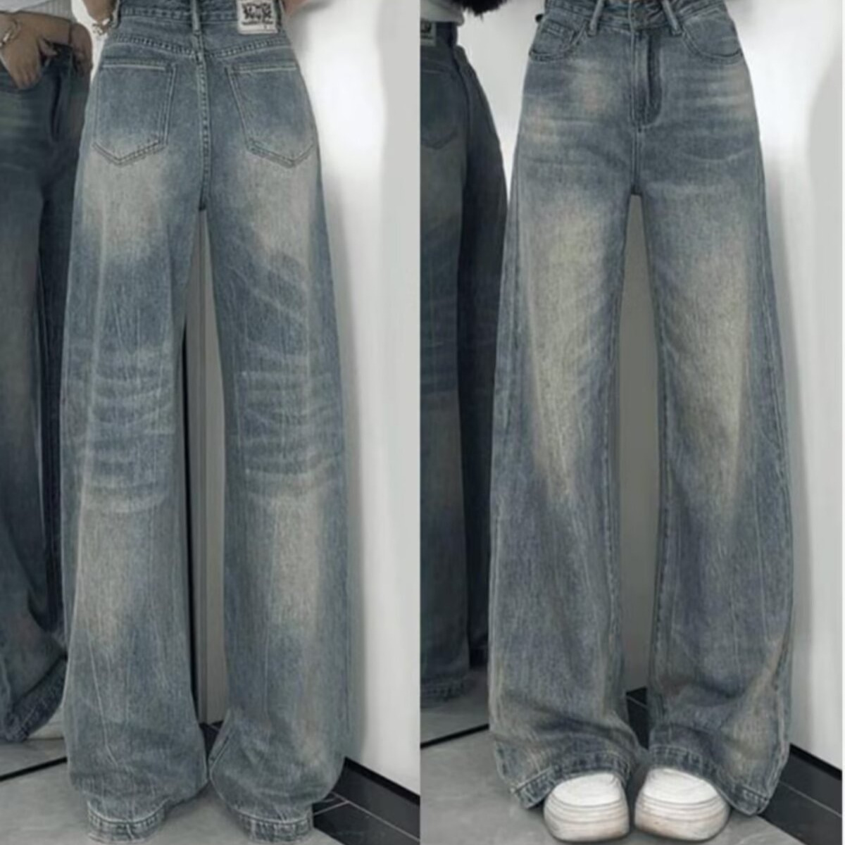Retro loose straight jeans, autumn trousers, for plus size ladies, high waist, loose fit