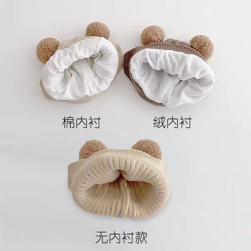 秋冬新款儿童保暖帽可爱小熊双球帽婴幼宝宝保暖护耳针织毛线帽|undefined