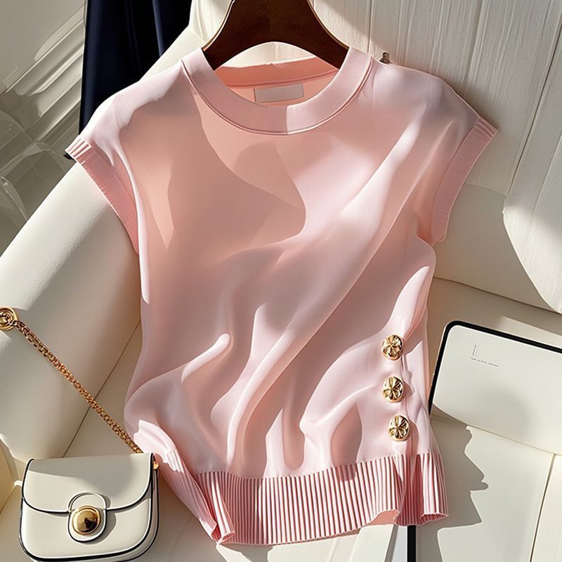 Women's Light Luxury Pink Knit Top Round Neck Sleeveless T-Shirt French Style Summer Chic Fashion For Youthful Women_voghion.com