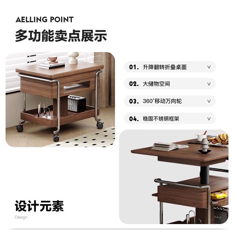 Carro medieval sala de estar con ruedas plegables móviles mesa móvil mesa de centro elevadora mesa lateral de sofá mesa lateral de cama