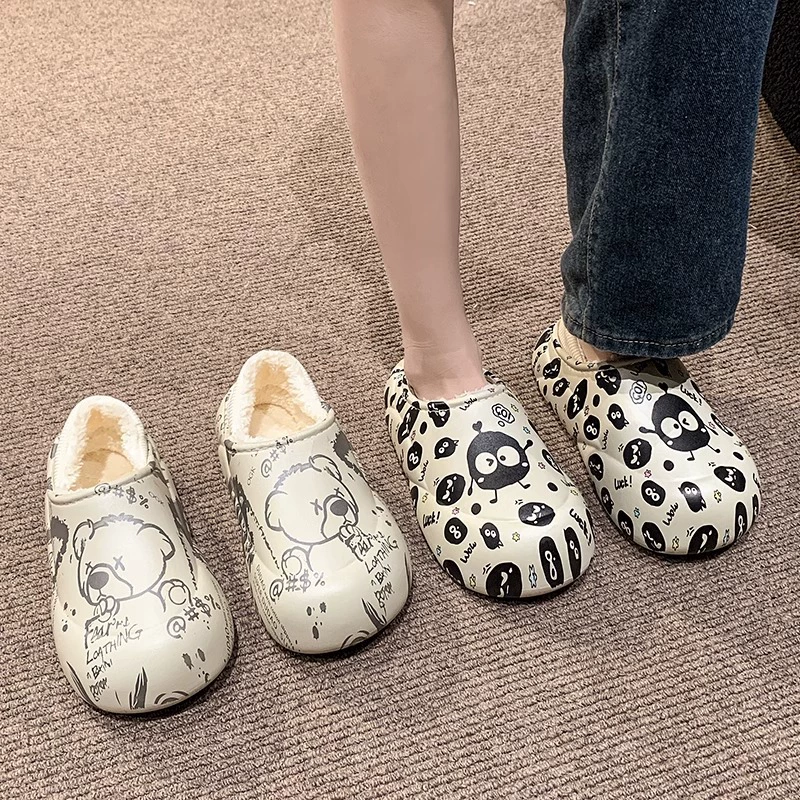 Мультяшный милый маленький брикет плюс бархатная хлопчатобумажная обувь для женщин осенью и зимой можно носить водонепроницаемый, нескользящий легкий, толстый пол и тапочки