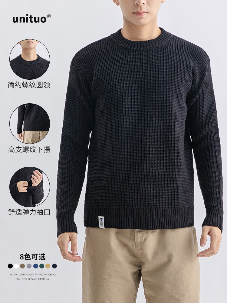 Suéter de aguja gruesa simple para hombres otoño y invierno básico de color sólido suelto camisa de punto de cuello redondo chaqueta de manga larga para hombres