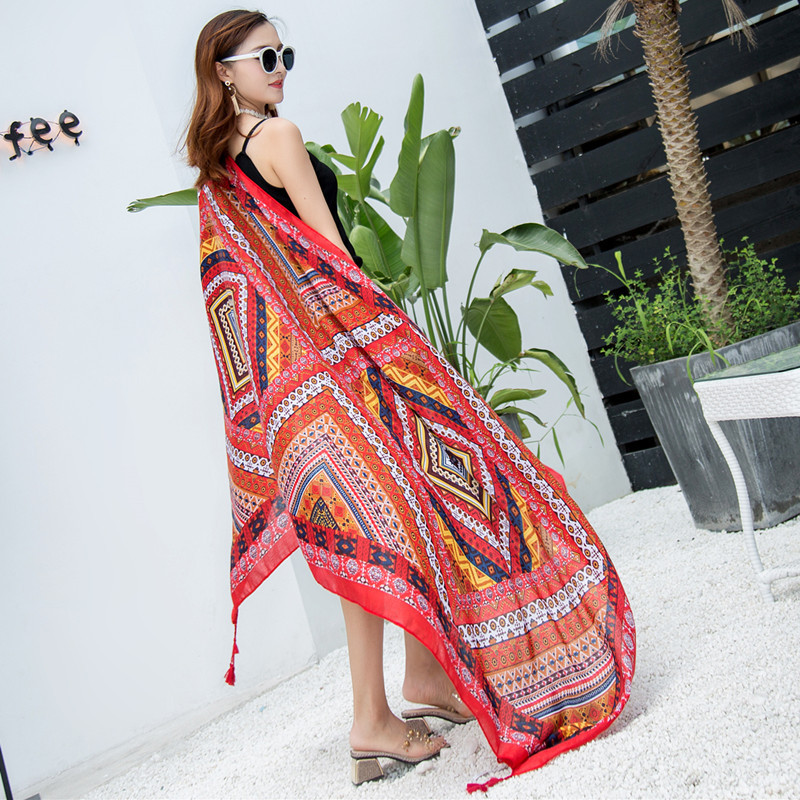 New Ethnic Style Cotton Linen Shawl Printed Scarf Sunscreen Seaside Silk Scarf Vacation Tassel Scarf Beach Scarf Women