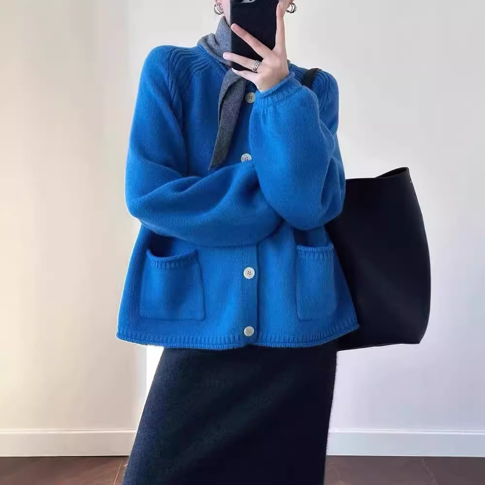 克莱因蓝针织开衫毛衣外套女早春宽松慵懒风设计感小众灯笼袖上衣