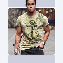 复古男士T恤夏季短袖圆领3D锚印花上衣T恤超大码男士服装休闲运动