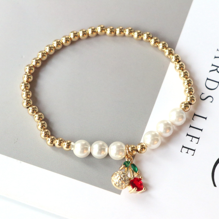 1 Piece Quantity Sweet Heart Shape Strawberry Chili Artificial Pearl Copper Beaded Chain Beaded Bracelets Wholesale