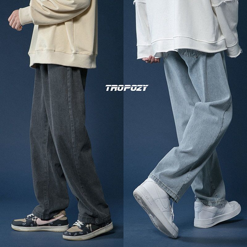 Hong Kong estilo retro pantalones vaqueros de color claro de los hombres sueltos todo partido casual de moda de pierna ancha Pantalones rectos de los hombres de la calle