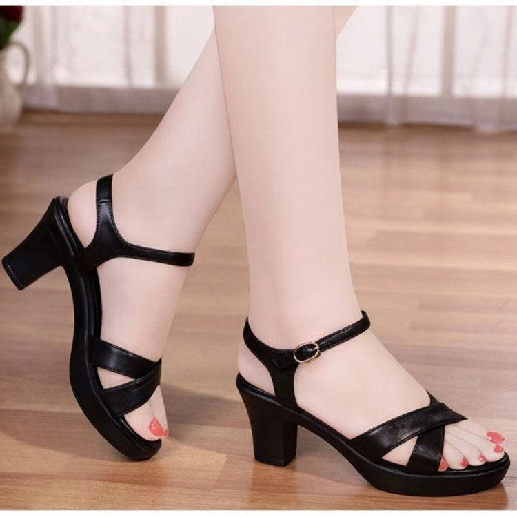 Sandalias con punta abierta para mujer verano nuevo estilo de tacón medio, suela gruesa, cuero suave, cómodo, hebilla de una palabra, plataforma, sandalias madre