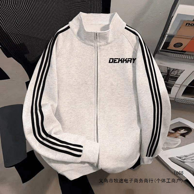 Zippered cardigan sweatshirt, trendy and cool autumn/winter design, featuring English-style simple prints and a stand-up collar, perfect as a sporty outerwear piece