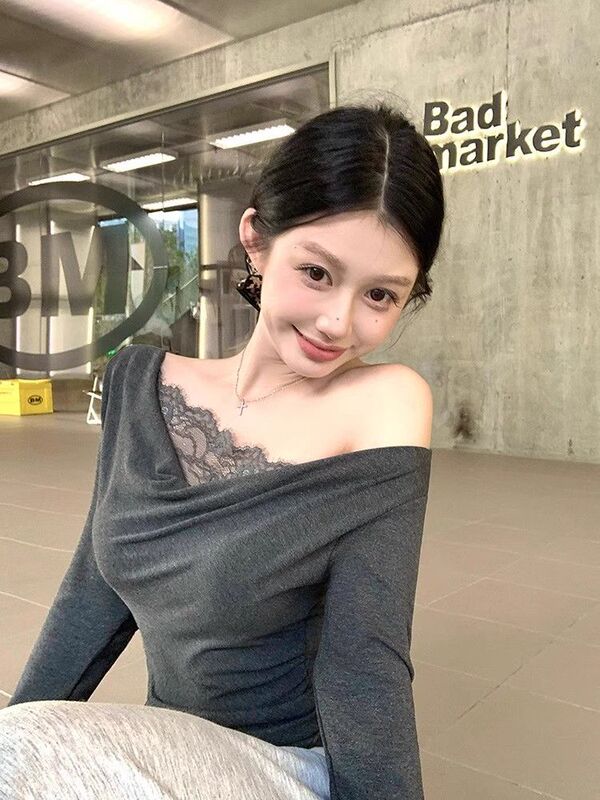 [260g cotton modal] lace stitching off-shoulder T-shirt women's base shirt with slim fit jacket black