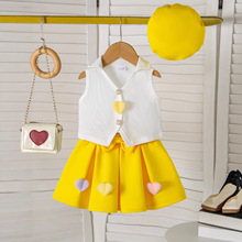 新款女童爱心套装白色无袖马甲背心 爱心短裙女童可爱三件套