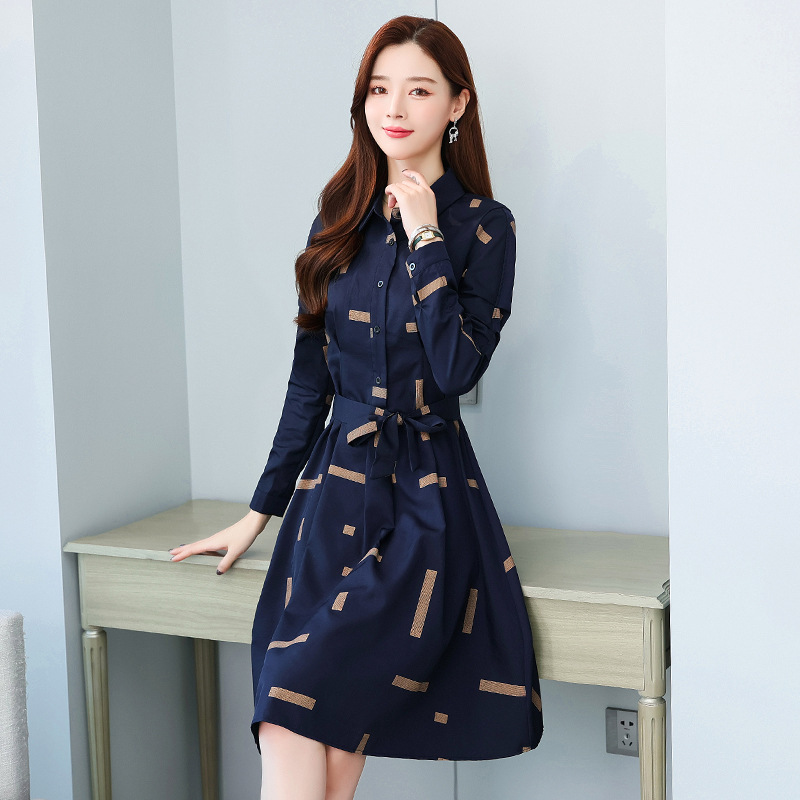 长袖POLO领衬衫连衣裙女2025春秋季新款洋气气质收腰显瘦中长裙子|undefined