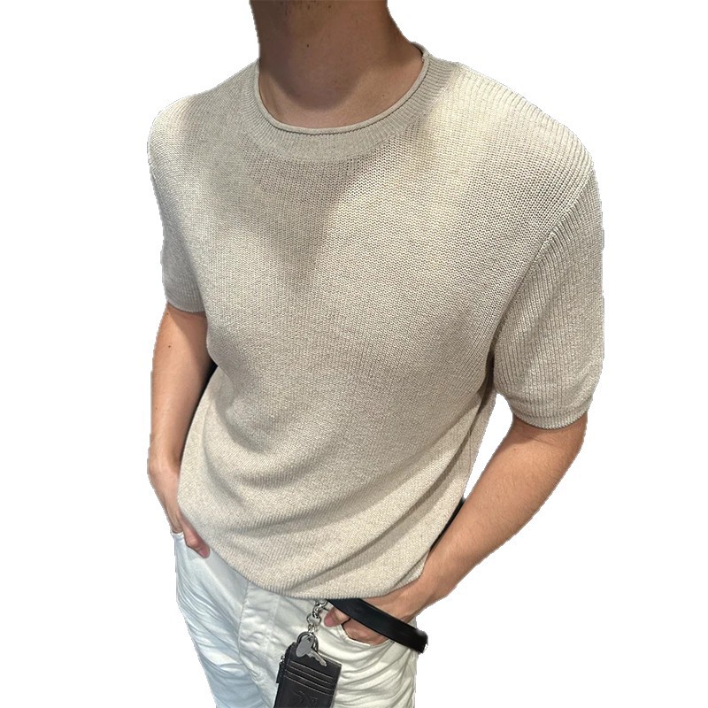 Camisa de punto de manga corta hombre cuello redondo hueco seda de hielo transpirable verano viejo estilo de negocios de color sólido en la fábrica transfronteriza al por mayor